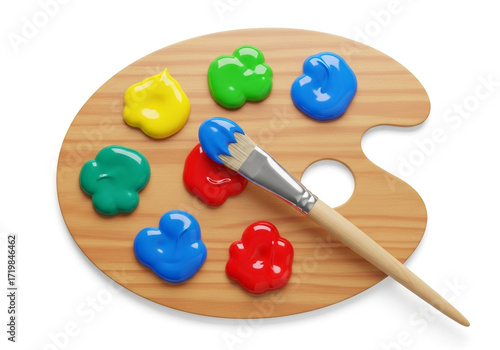 Artists wooden palette with dabs of colorful paint