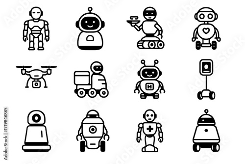 Delivery cleaning educational icon bot patrol telepresence futuristic vector humanoid robot