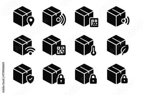 Parcel sticker box barcode icon package tracking temperature rfid vector eco icons