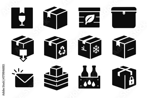 Waterproof bottle bulk vector box package light icon collection symbol parcel