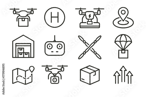 Vector propellers drone parachute delivery map symbol icon box pad icons