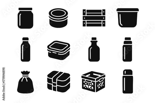 Reusable steel metal lunchbox vector icon pouch bamboo refill packaging stackable icons