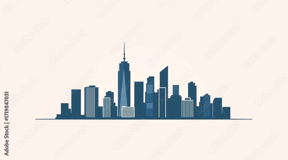 Naklejka premium modern city skyline silhouette with tall skyscrapers and urban architecture in flat design