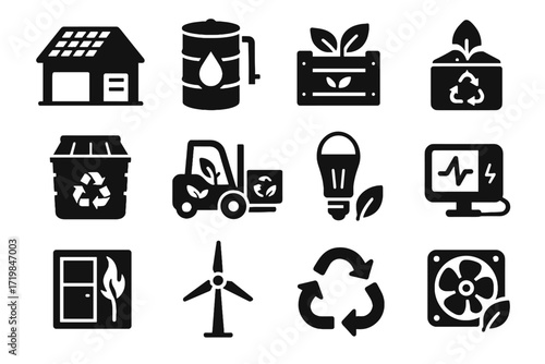 Eco energy icons wind vector wall rainwater warehouse tank led turbine icon