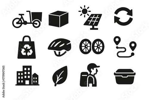 Reusable icons cargo container icon courier leaf delivery eco bicycle route tricycle