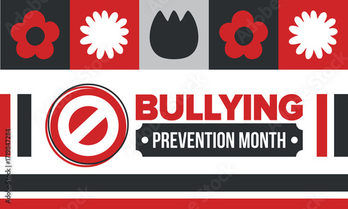 National Bullying Prevention Month in October. Stop bullying. Annual nationwide campaign to keep all youth safe from bullying. Red color. Poster, card, banner, background. Vector illustration