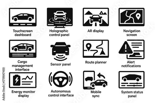 Vehicle panel system icon notifications sync mobile vector screen alert control icons