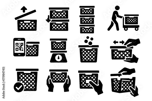 Checking crate icon moving vector bio labeling goods interaction ventilation stacking closing