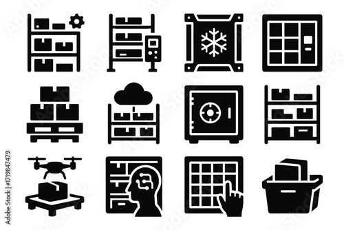 Modern icon storage panel vector bin inventory unit interactive icons rack stock