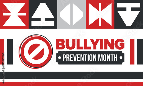 National Bullying Prevention Month in October. Stop bullying. Annual nationwide campaign to keep all youth safe from bullying. Red color. Poster, card, banner, background. Vector illustration