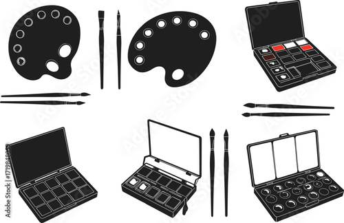 Art palette brushes paint set, watercolor box drawing kit, creative painting tools illustration, black white design, school office stationery