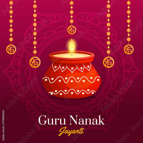 Guru Nanak Jayanti festival poster with traditional diya lamp and decorative mandala background.
