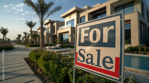 Modern luxury villas for sale in Dubai with palm trees and swimming pool, real estate property listing concept

