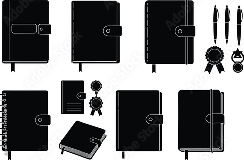 Notebook planner silhouette, diary journal icons, office supplies set, pen stationery, award ribbon illustration, business organizer design, sketchbook vector elements