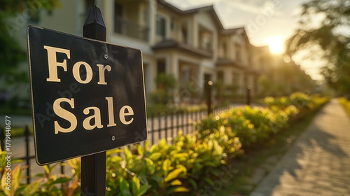 Charming suburban villas for sale in Dubai at sunset, peaceful residential neighborhood with garden and walkway
