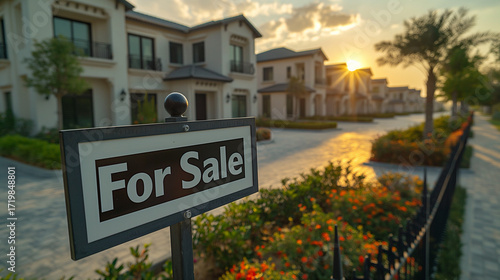 Elegant suburban villas for sale in Dubai at golden hour with palm trees, flowers, and paved streets in upscale neighborhood
