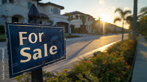 Luxury Mediterranean-style villas for sale in Dubai at sunset, elegant residential community with palm trees and paved streets
