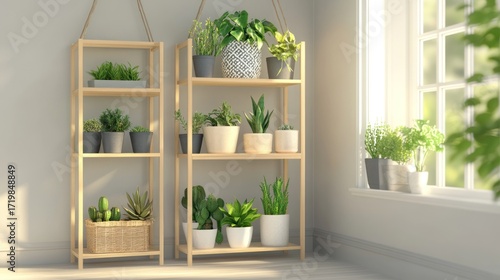 Indoor plant shelves, sunlight, modern decor