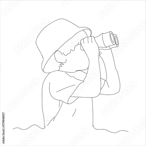 little boy looking through binoculars.line art