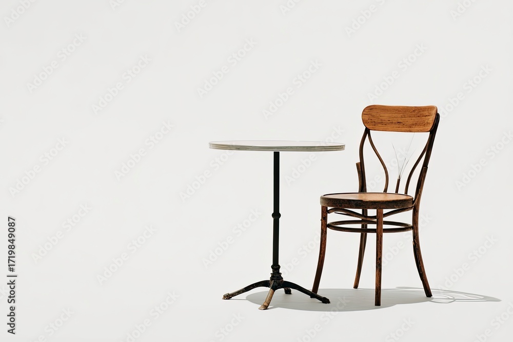 Fototapeta premium Vintage Wooden Chair and Small Round Table in Minimalist Studio Setting