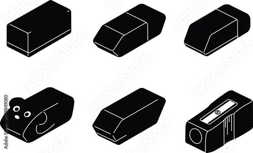 Vector illustration of erasers and sharpeners, school stationery, office supplies, minimal black silhouette design, education accessories, drawing tools, study essentials, classroom items