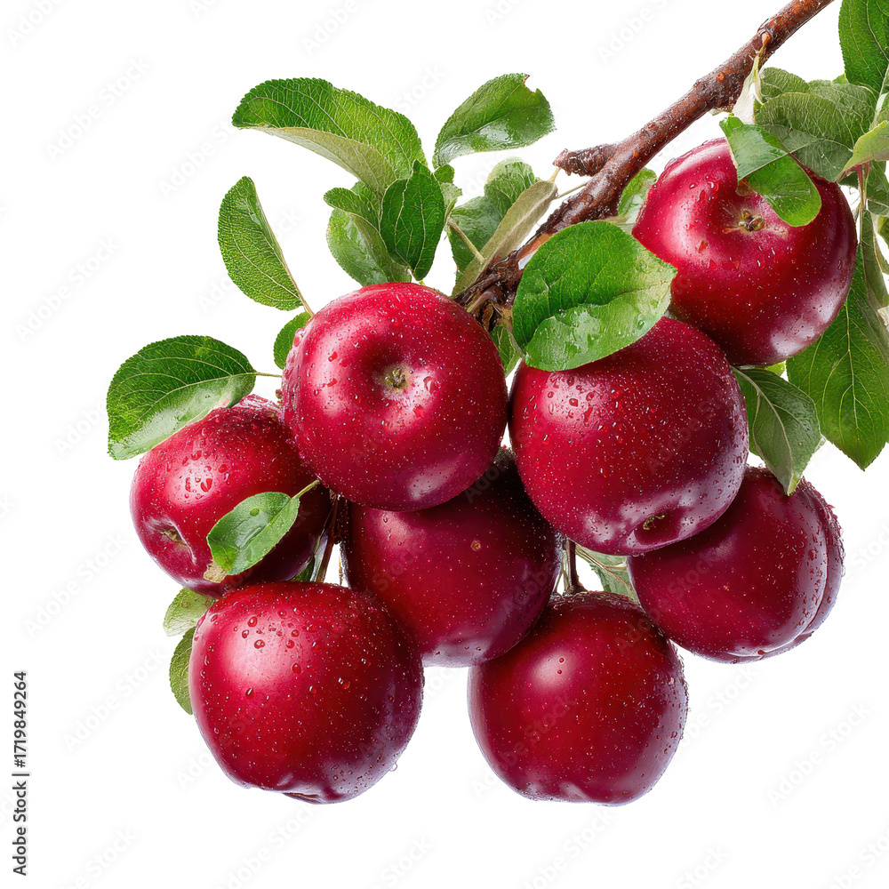 Obraz premium Fresh red apples hanging from a branch with green leaves in a bright setting