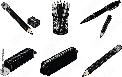 Vector illustration of pencils, pens, sharpeners, pencil case, eraser, stationery items, office supplies, school tools, drawing equipment, black design elements