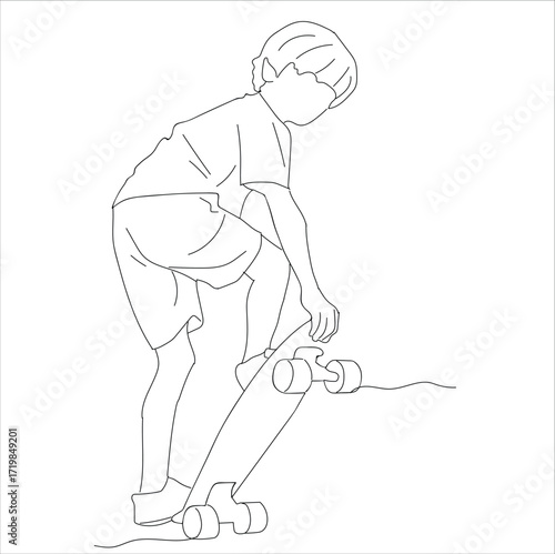 little kid play skatebord. line art