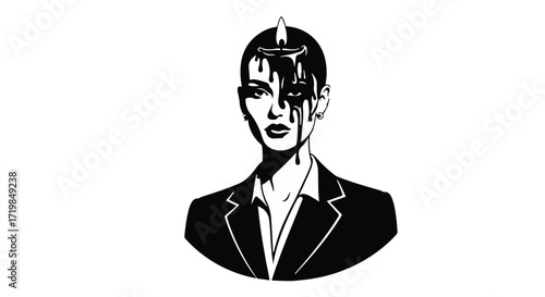 Woman with melting candle on head, representing burnout and overwhelming stress.