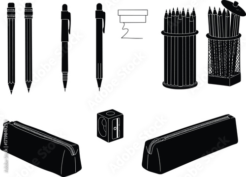 Vector illustration of pencils, pens, sharpeners, pencil case, stationery holder, writing tools, school office supplies, black silhouette design, educational equipment