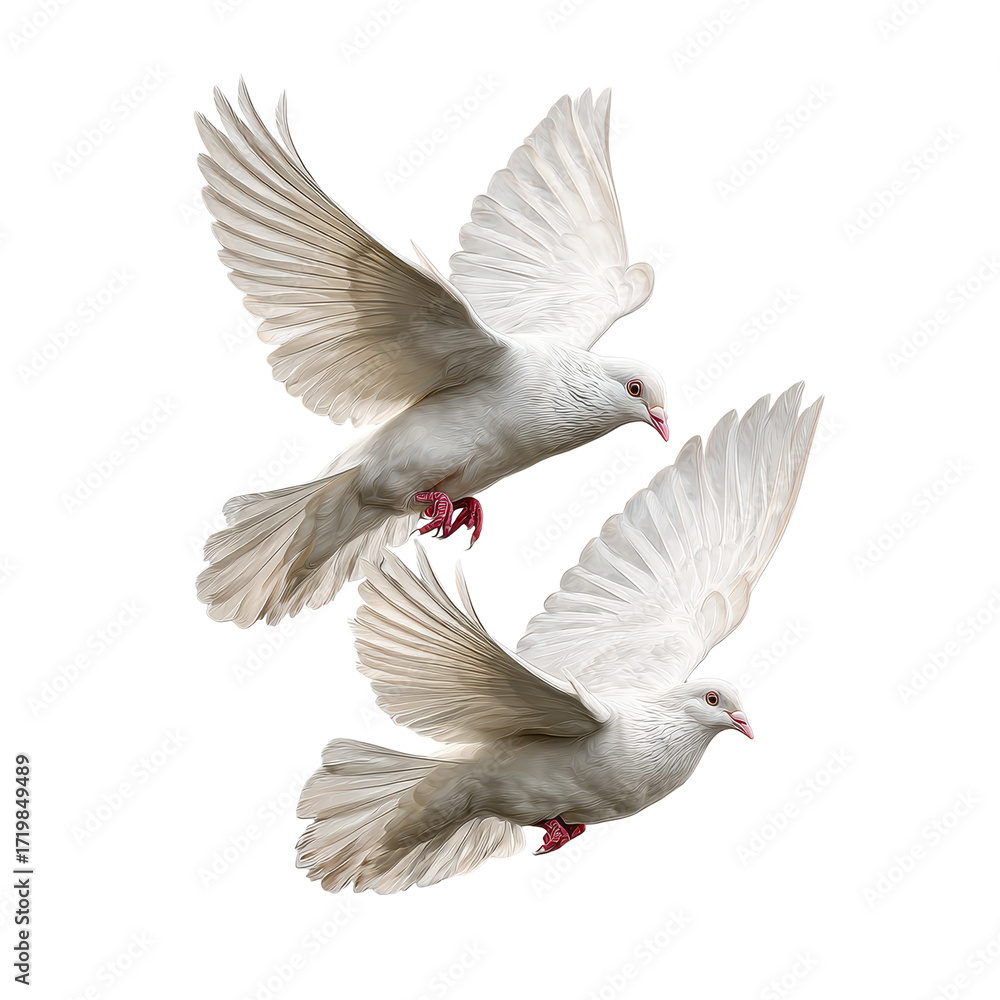 Obraz premium Two white doves in flight against a plain background gracefully soaring through the air