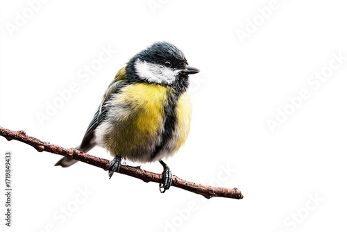 Small Yellow and Black Chickadee Bird Perched on Thin Branch Isolated on White Background