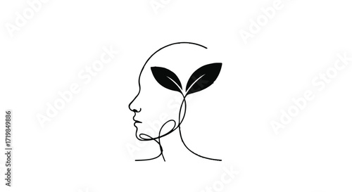Mindful growth and natural inspiration symbolized by a human profile with leaves sprouting from the head.