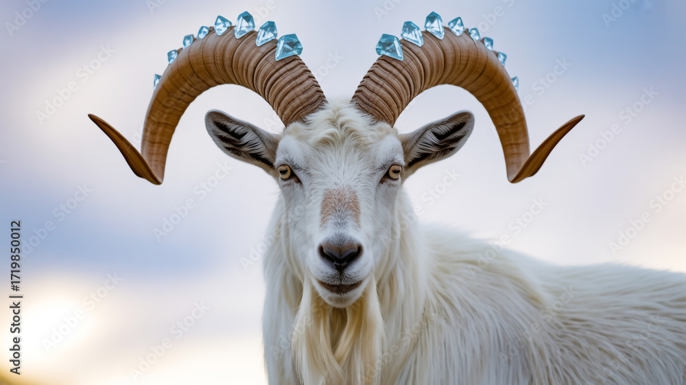 Obraz premium Majestic white goat with large, curved horns adorned with blue crystals, standing against a soft, blurred sky background