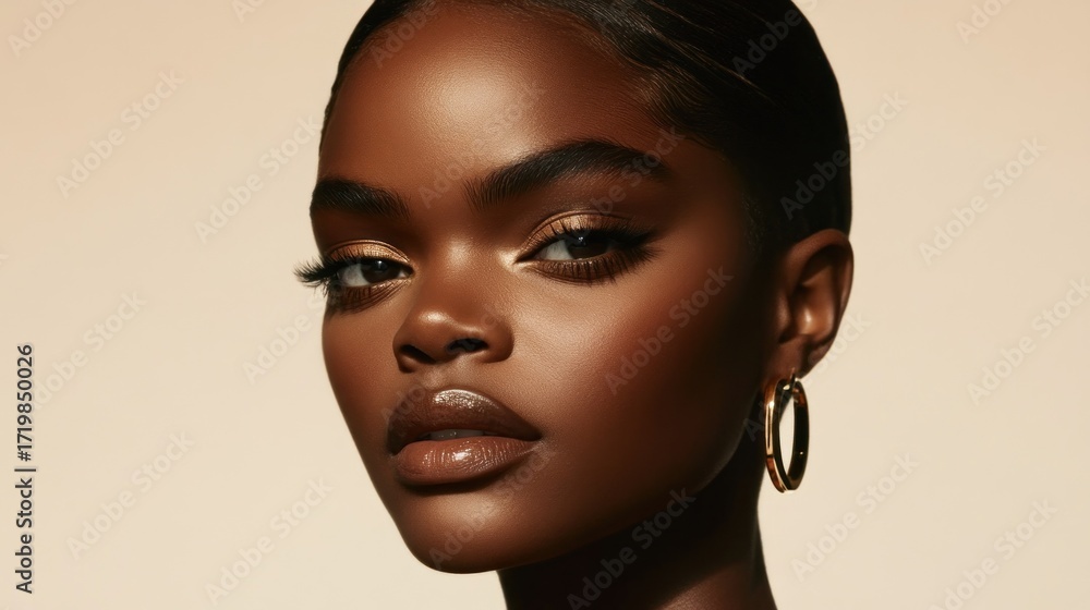 Naklejka premium Close-up portrait of a woman with rich, dark skin, subtly defined brows, and a neutral lip color