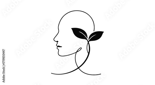 Mindful growth represented by a human profile with a sprouting plant
