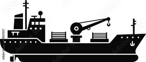 Scalable silhouette vector illustration of a cargo ship with crane eps