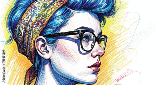 Stylish woman with blue hair and glasses in a unique artistic illustration perfect for fashion or beauty campaigns