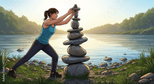 Achieve Inner Peace with Balancing Stones by the Serene Lakeside - Find Harmony and Mindfulness in Nature's Embrace, Perfect for Wellness Content