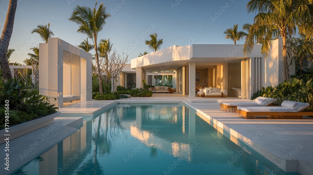 Fototapeta premium Modern Tropical Villa with Poolside Loungers and Open Design