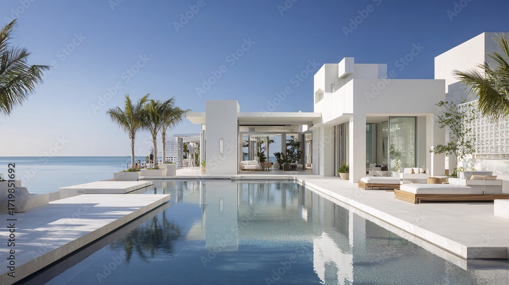Fototapeta premium Contemporary Seaside Villa with Infinity Pool and Palm Trees