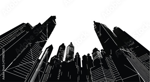 Towering skyscrapers reach towards the sky in a dramatic low-angle perspective.