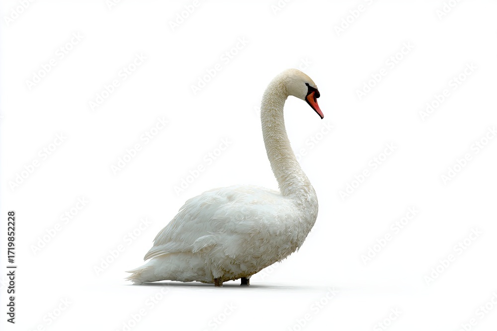 Fototapeta premium Elegant White Swan Standing in Minimalist White Background