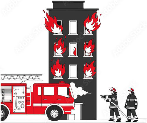 Firefighters Extinguishing Building Flames Vector Illustration
