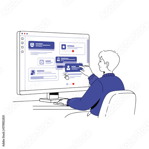 Man Interacts With Messaging App Interface Vector