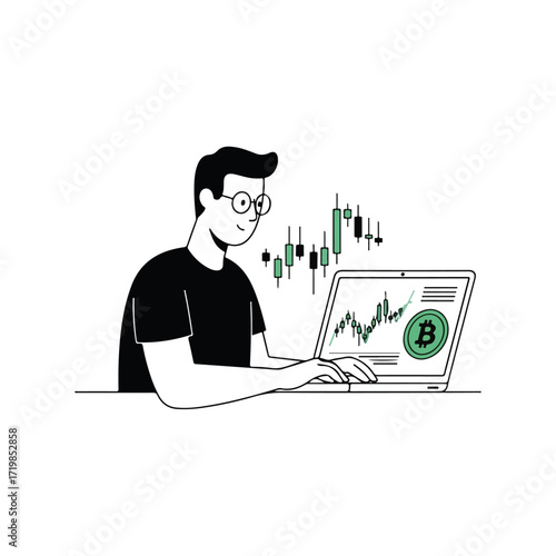 Man Trading Bitcoin on Laptop Illustration