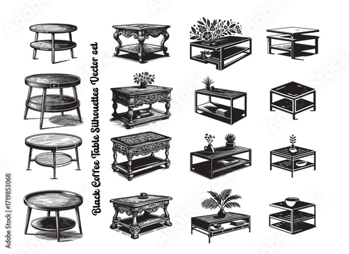 Coffee Table Silhouette Vector Collection with Modern and Classic Low Table Designs for Interiors