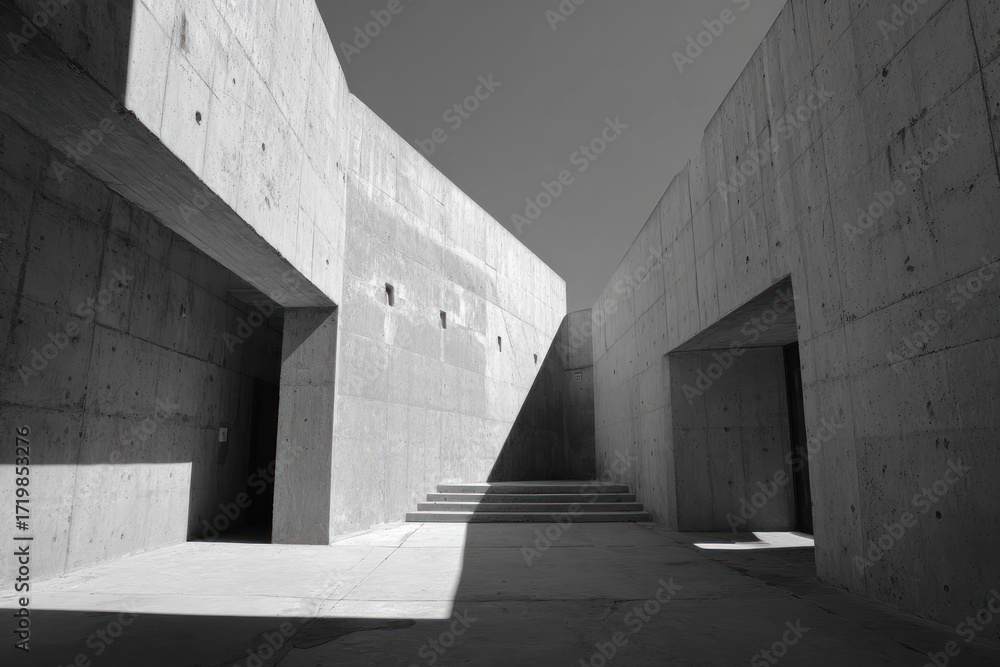 Fototapeta premium Black and white architectural shot of a concrete structure with sharp angles and dramatic shadows, creating a sense of depth and mystery
