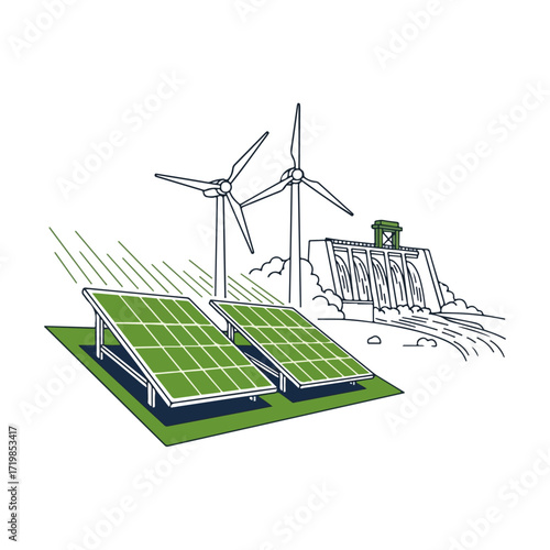 Renewable Energy Illustration With Solar Wind Hydro