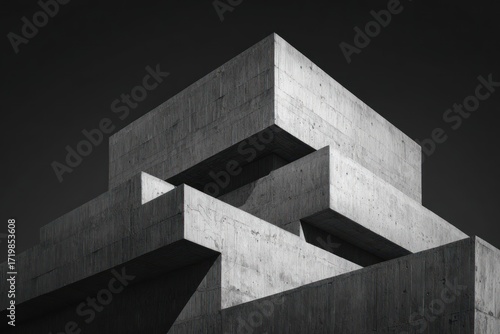 Striking black and white close up of a brutalist concrete building with geometric shapes and minimalist design
